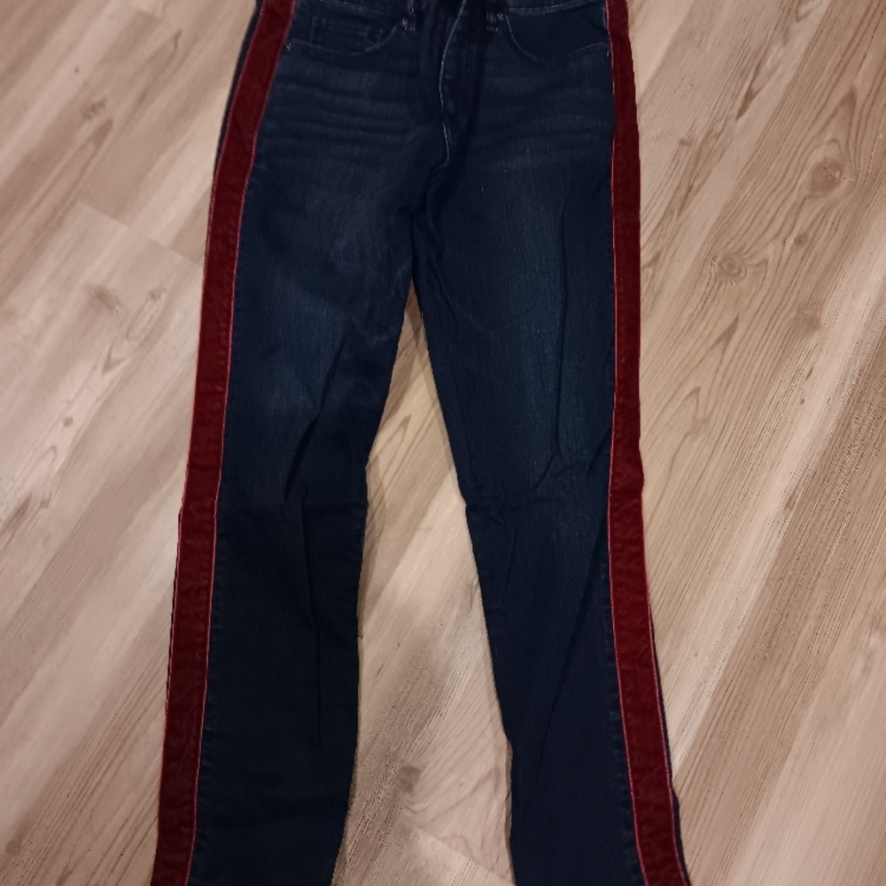 Dark Blue Jeans with Burgundy Velvet Ribbon Side Stripes 10